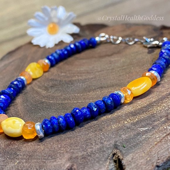 Lapis Lazuli Carnelian Baltic Amber Dainty Gemstone Bracelet - Picture 1 of 5